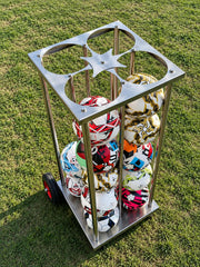 Top view of TX stainless steel football trolley showing ball openings
