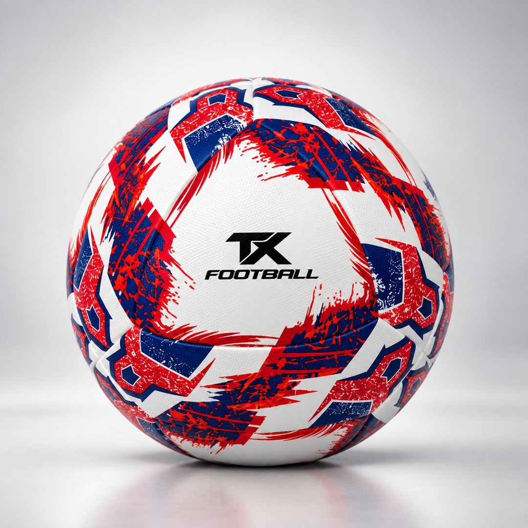 Soccer ball with a red and blue abstract pattern and a black TX FOOTBALL logo in the center, photographed on a light gray studio background.